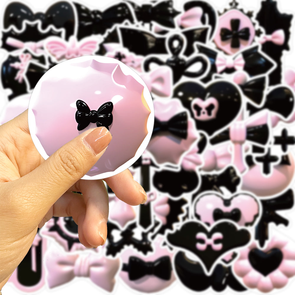 50pcs Pink & Black 3D Shiny Bow Ties Stickers