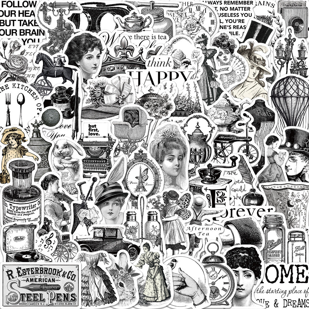 64pcs Black White Theme Retro Style Stickers