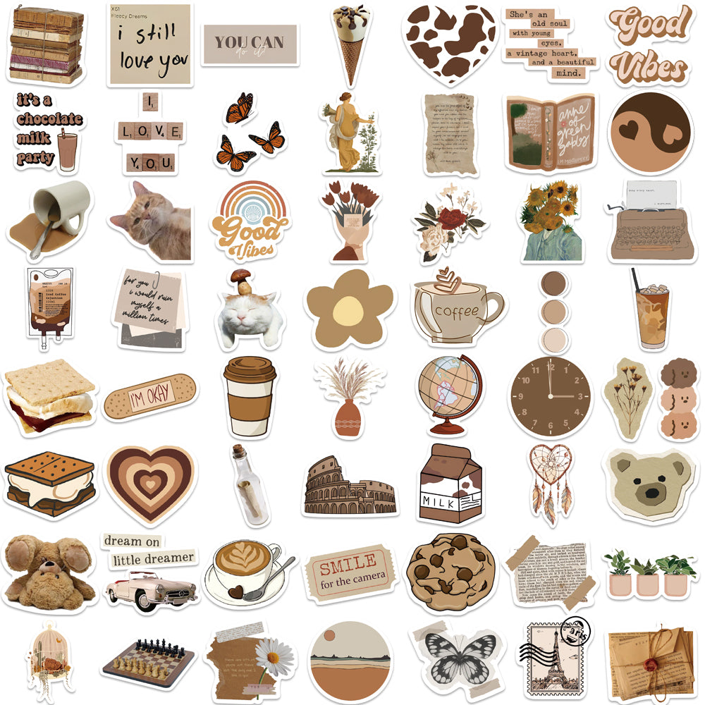 60pcs Brown INS Style Stickers Flowers Clock Good Vibes