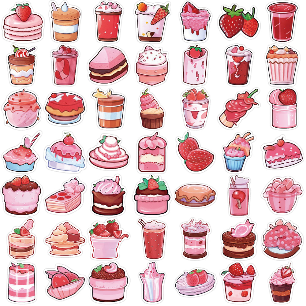 50pcs INS Style Pink Dessert Food Cake Strawberries Milk Stickers