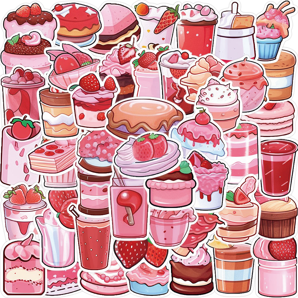 50pcs INS Style Pink Dessert Food Cake Strawberries Milk Stickers