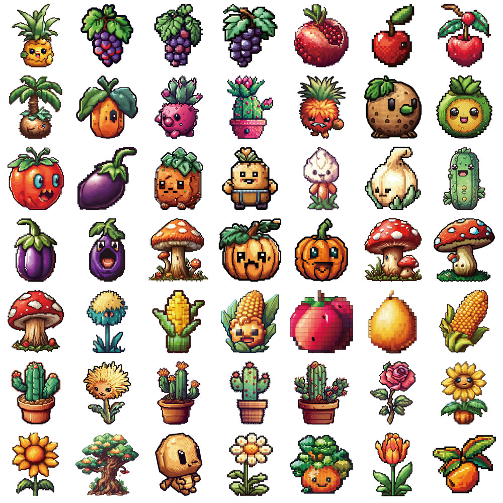 100pcs Art Pixel Style Fruits and Vegetables Stickers