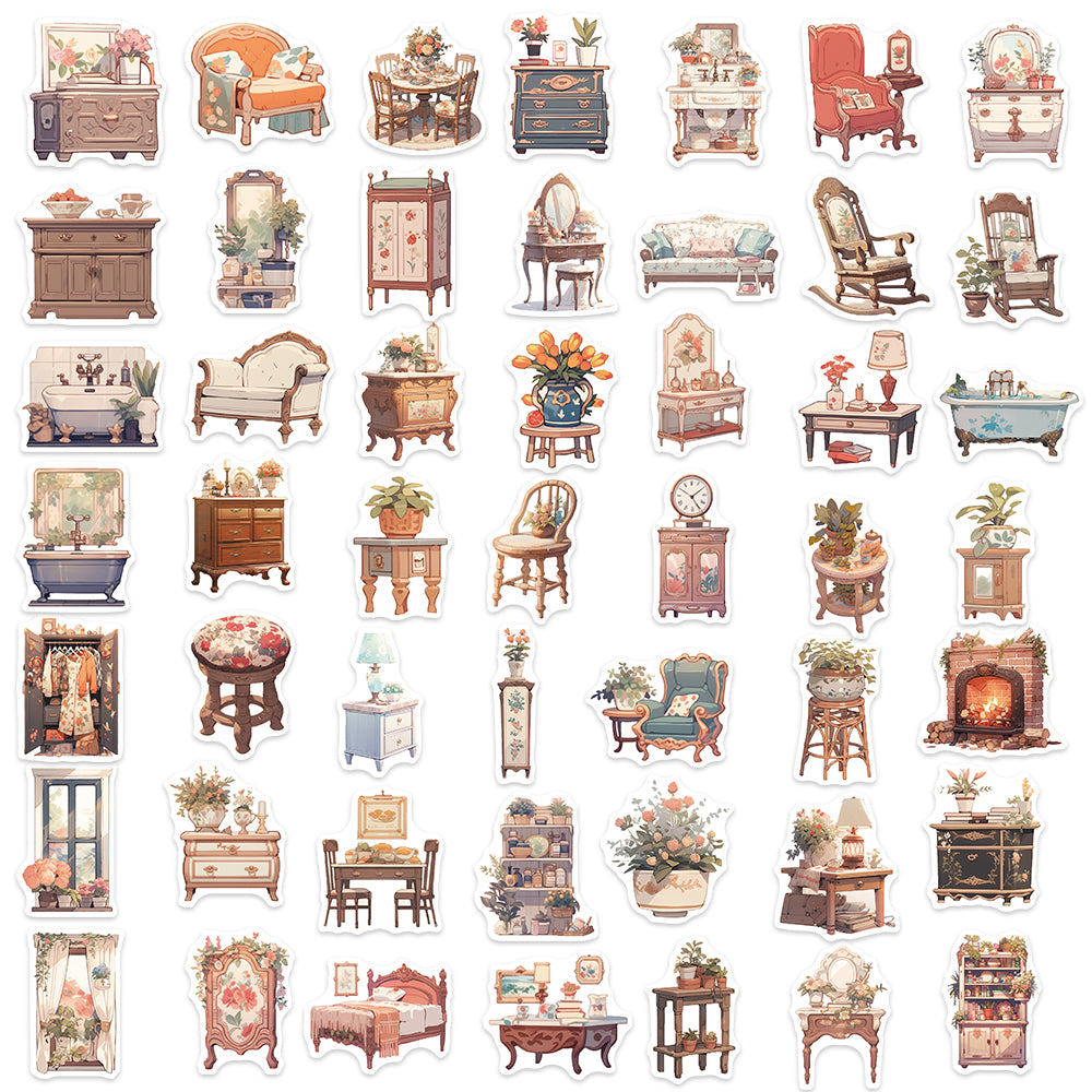 50pcs Retro Furniture Armoire Sofa Stickers