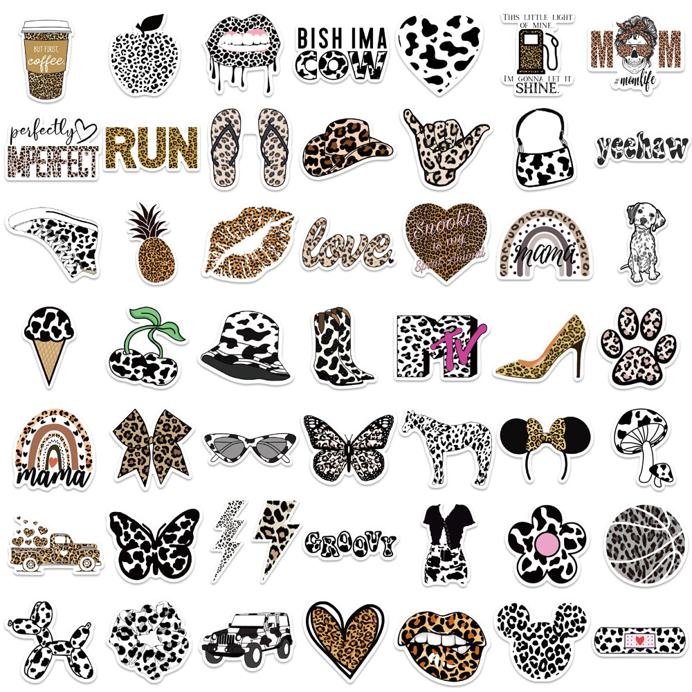 50pcs Black & White Leopard Print Stickers Croovy Hat Cow