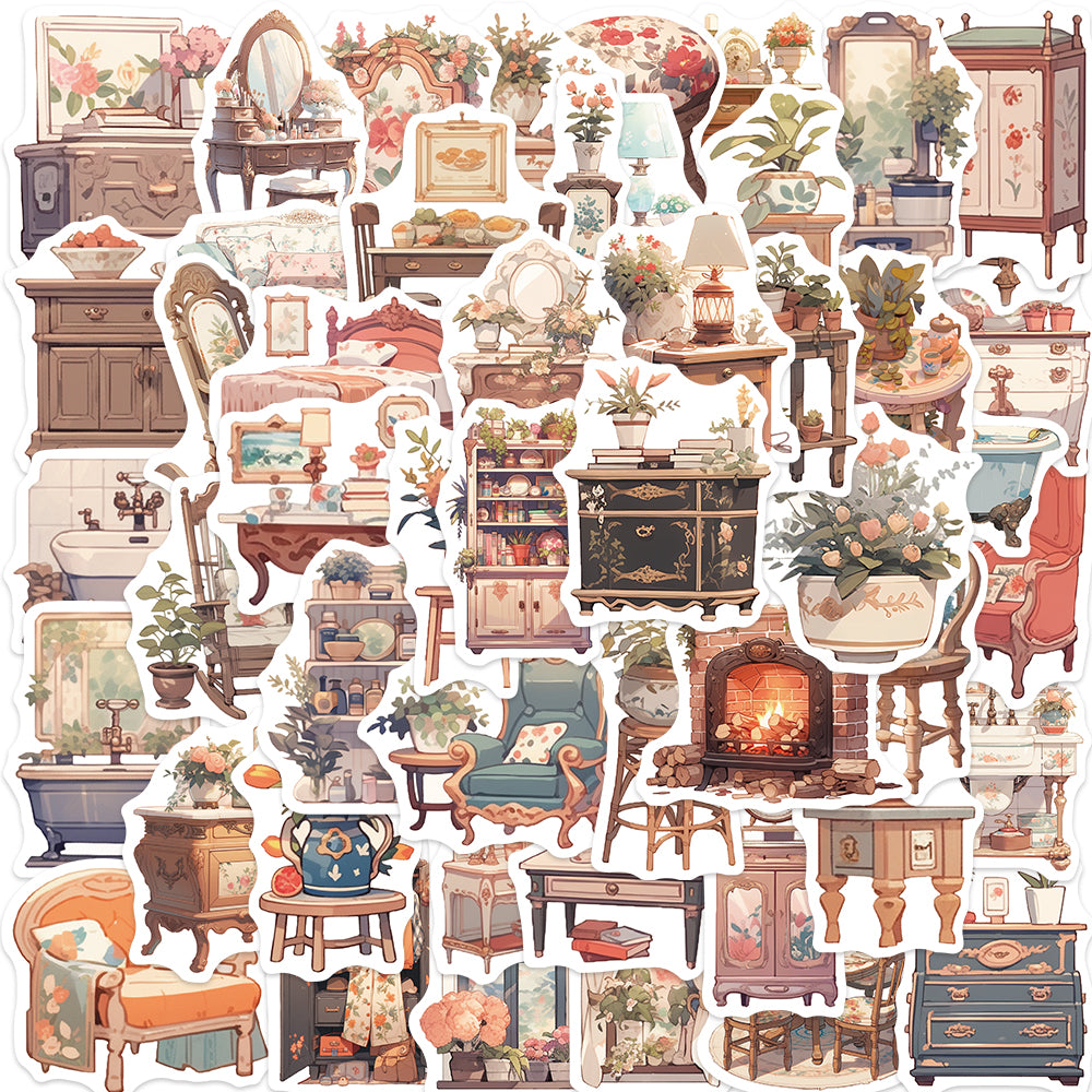 50pcs Retro Furniture Armoire Sofa Stickers