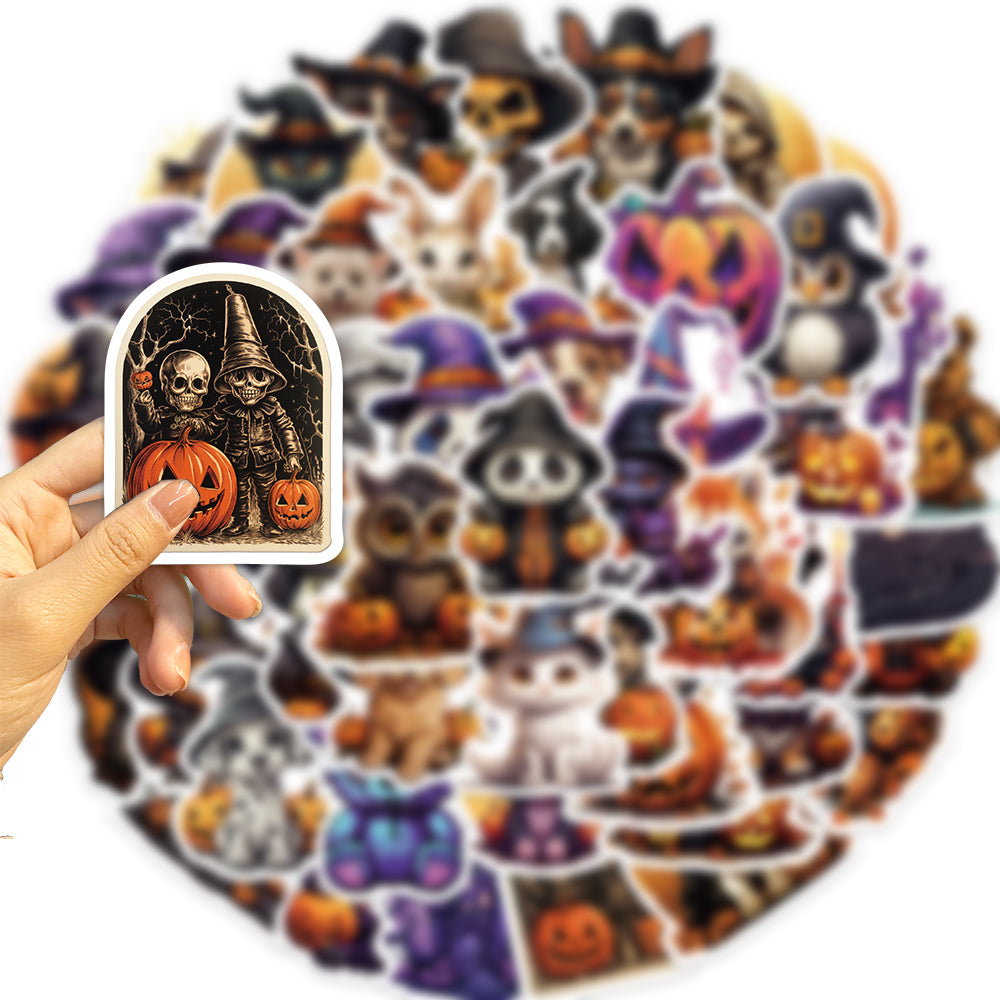 50pcs Halloween 2 Animals Wizard Cat Dog Stickers