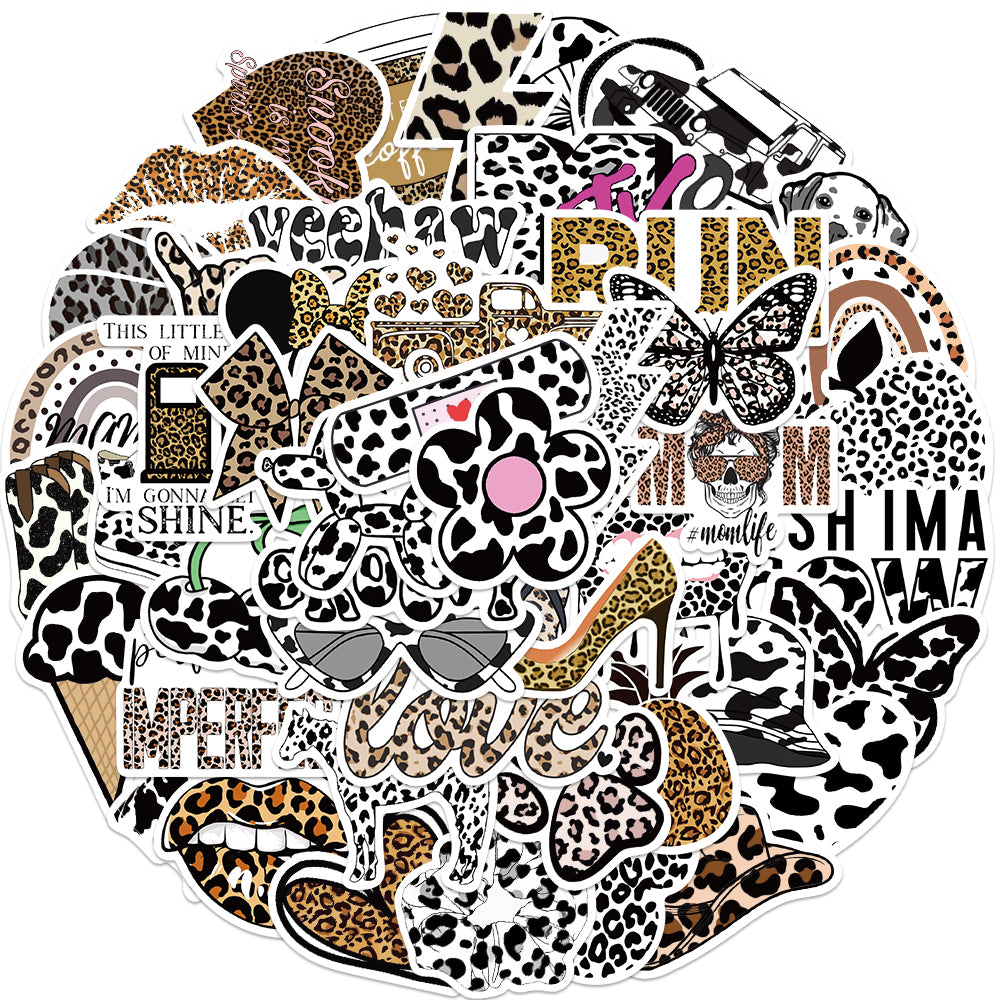 50pcs Black & White Leopard Print Stickers Croovy Hat Cow