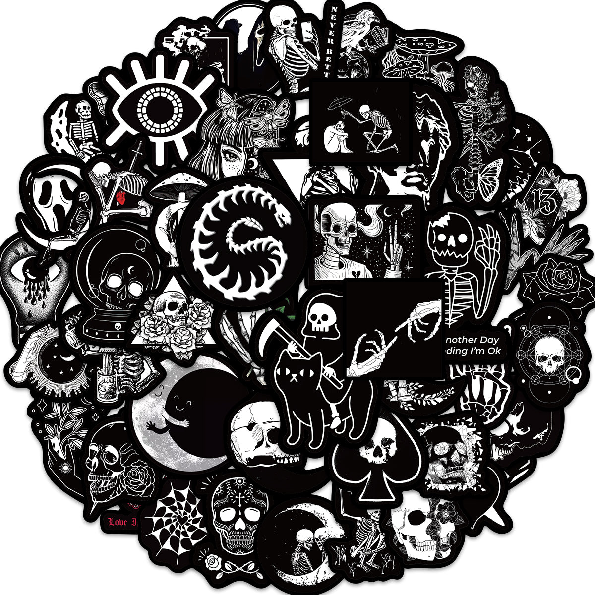 50pcs Gothic Black & White Style Horror Halloween Skull Stickers