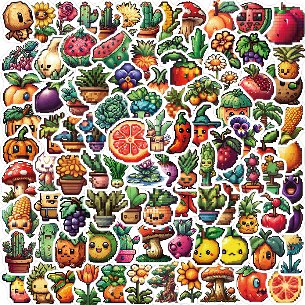 100pcs Art Pixel Style Fruits and Vegetables Stickers