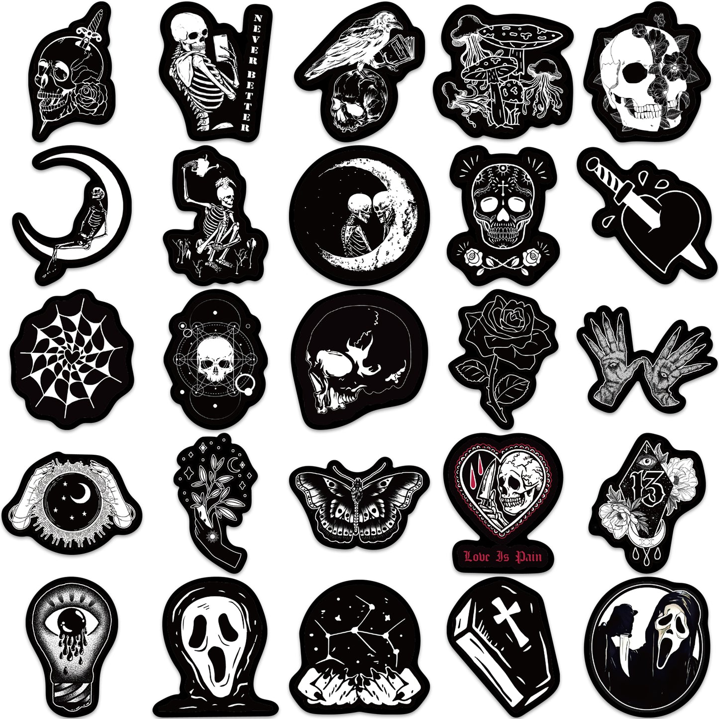 50pcs Gothic Black & White Style Horror Halloween Skull Stickers