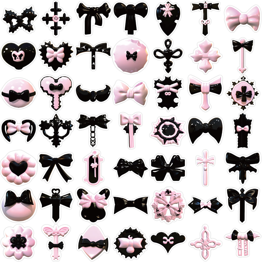 50pcs Pink & Black 3D Shiny Bow Ties Stickers