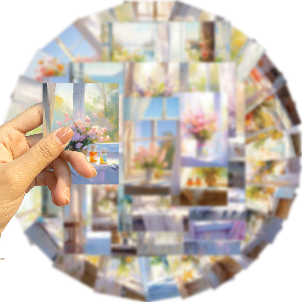 55pcs Oil Painting Window Sill Scenery Flowers Stickers