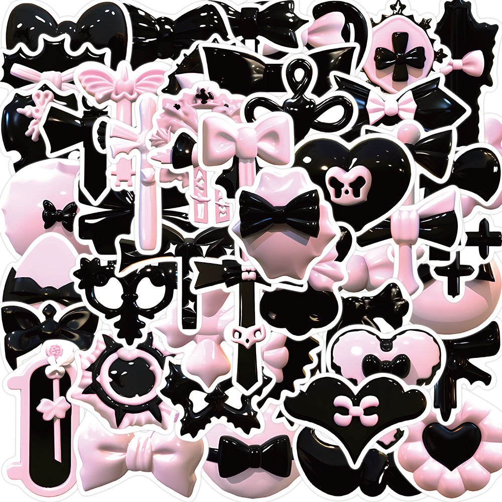 50pcs Pink & Black 3D Shiny Bow Ties Stickers