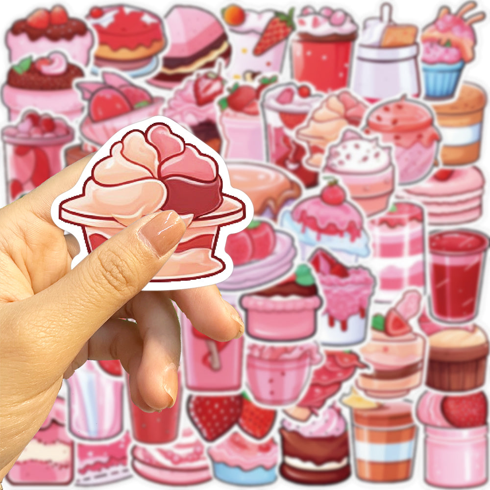 50pcs INS Style Pink Dessert Food Cake Strawberries Milk Stickers
