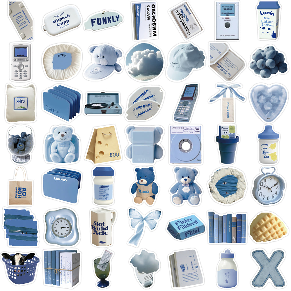 50pcs INS Style Blue Goods Dolls Books Stickers