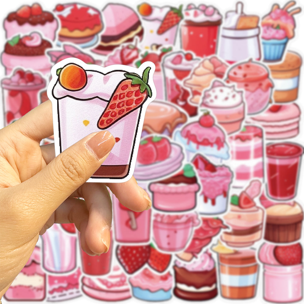 50pcs INS Style Pink Dessert Food Cake Strawberries Milk Stickers