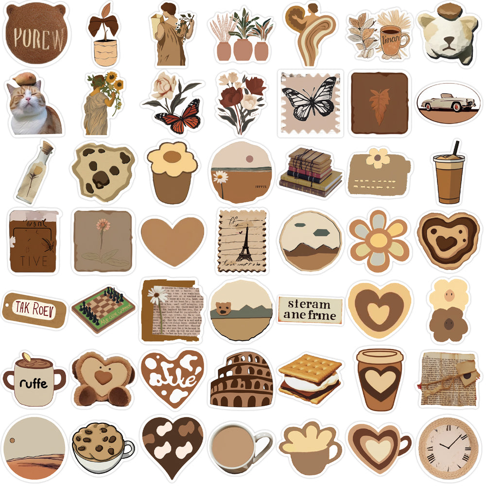 50pcs INS Style Brown Retro Coffee Stickers