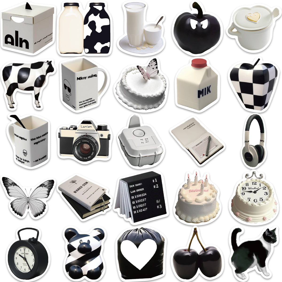 50pcs Black & White INS Style Milk Cow Carve Stickers