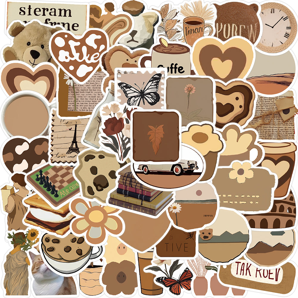 50pcs INS Style Brown Retro Coffee Stickers