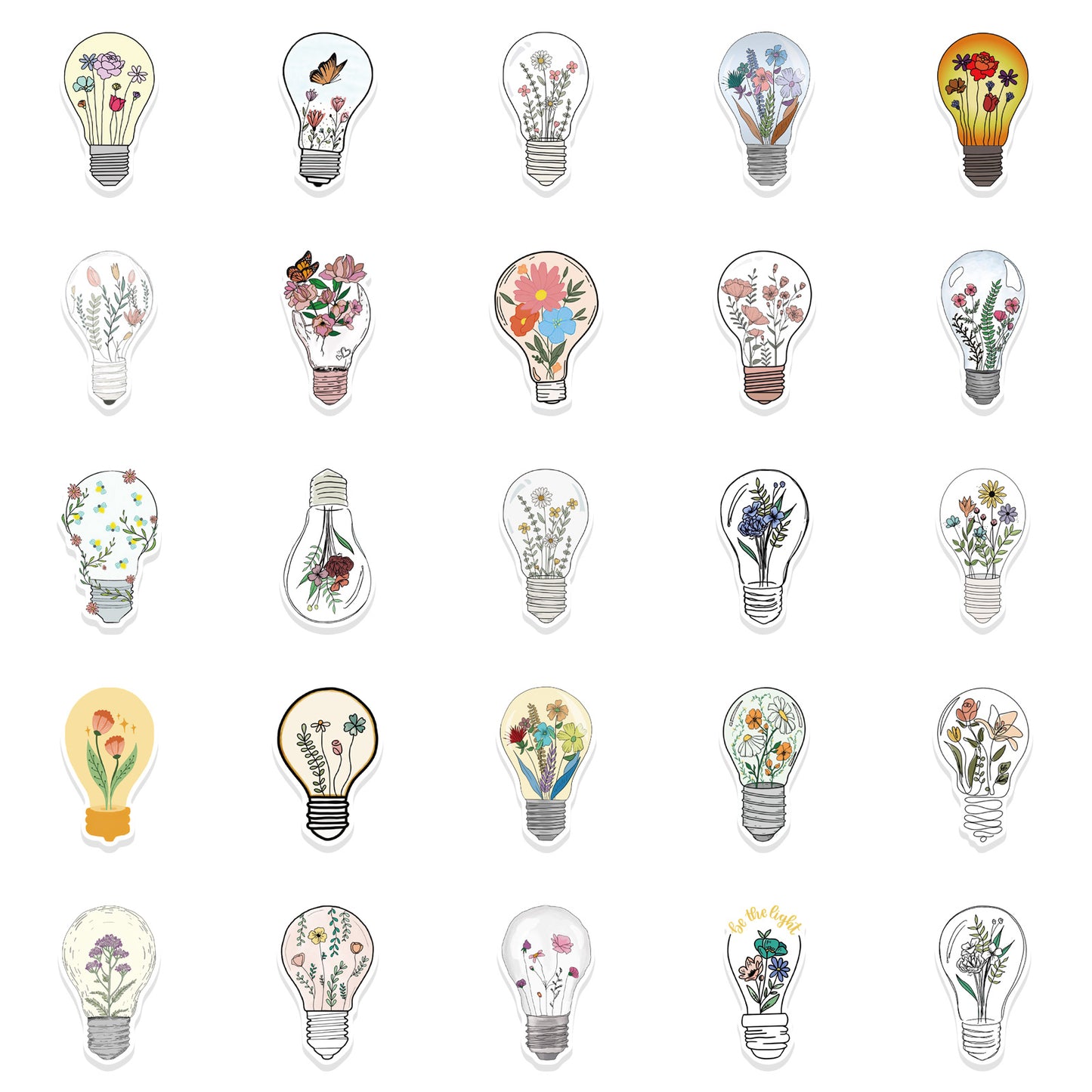 50pcs Light Bulb Flowers Plants Stickers