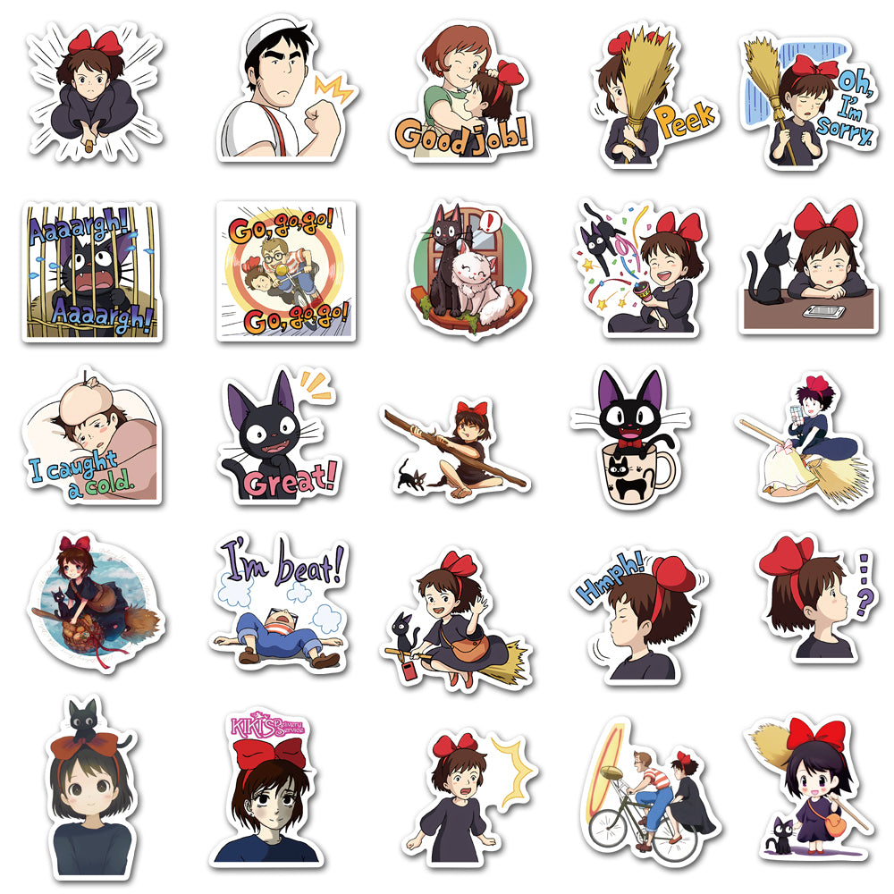 50pcs Kiki's Delivery Service Stickers - Cute Anime Kiki & Jiji Decals by Miyazaki - Pack 1