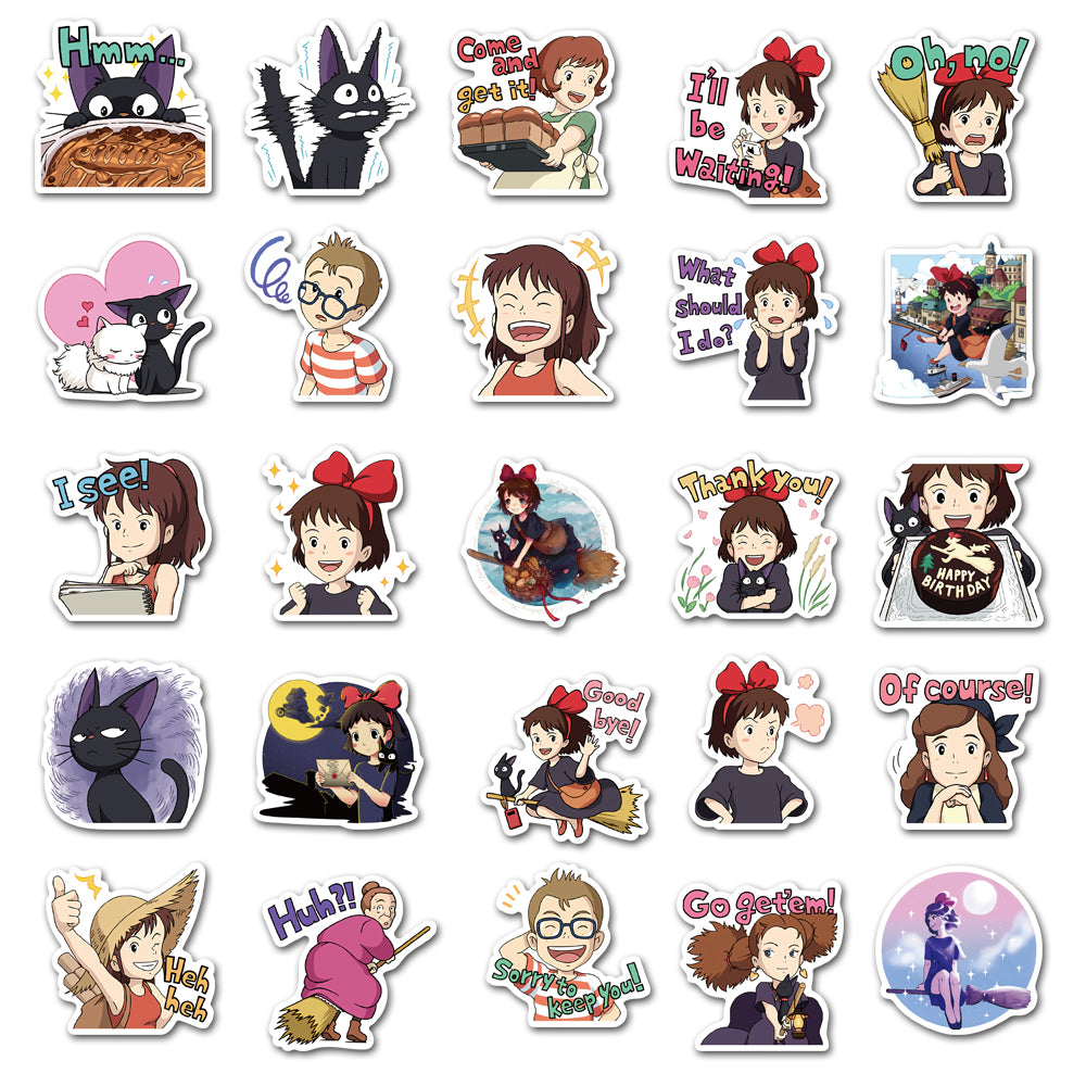 50pcs Kiki's Delivery Service Stickers - Cute Anime Kiki & Jiji Decals by Miyazaki - Pack 1