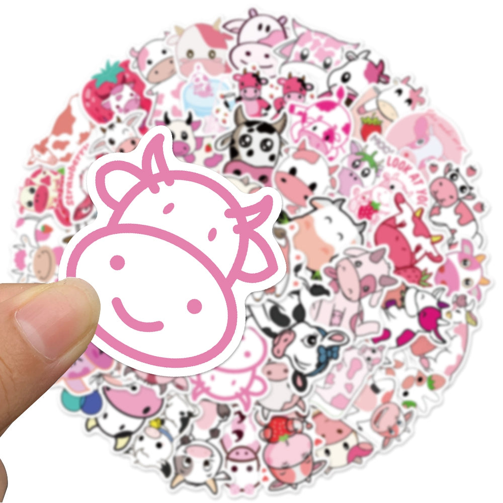 50pcs Pink Cow 2 Cartoon Animals Stickers