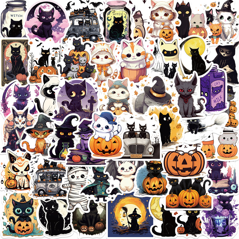 50pcs Halloween Cartoon Wizard Cat Stickers