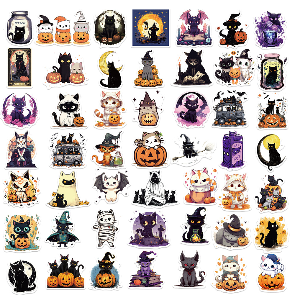 50pcs Halloween Cartoon Wizard Cat Stickers