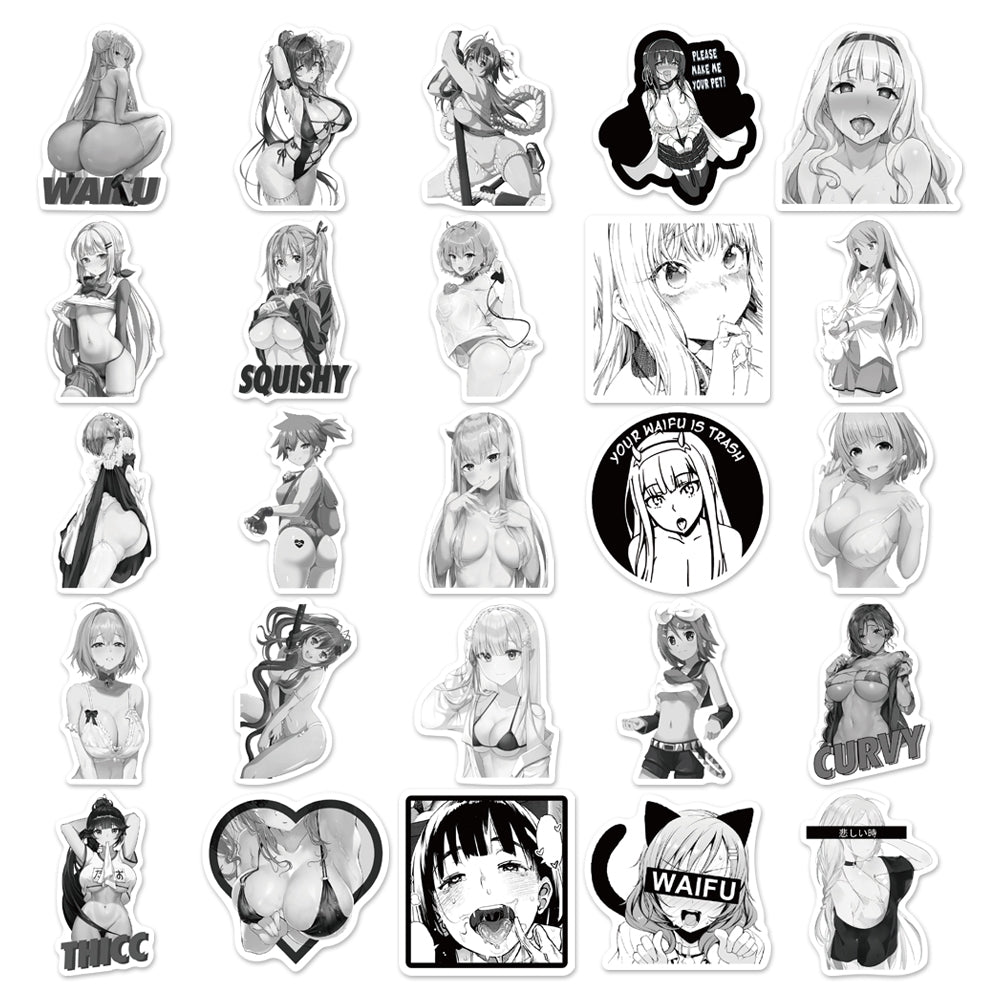 50pcs Black & White Anime Girl 2 Stickers