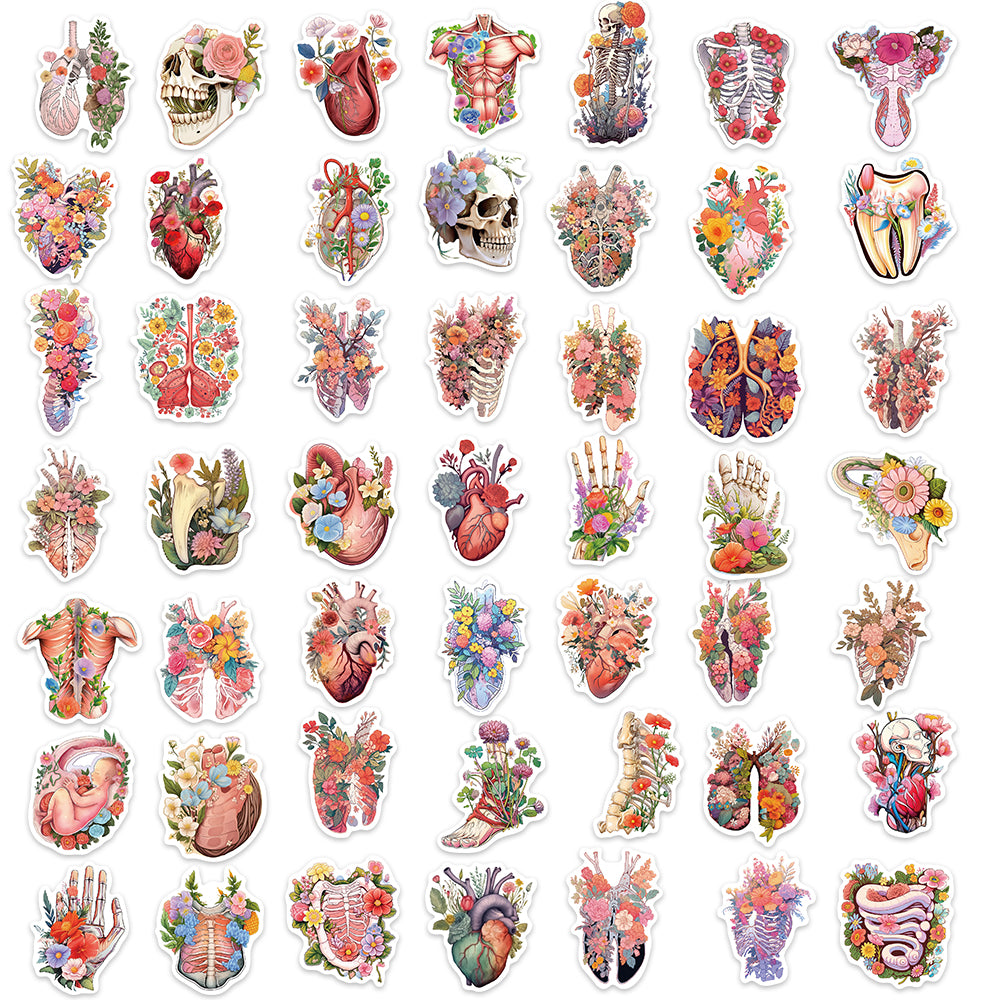 50pcs Organ Flowers Stickers Respiratory Skull