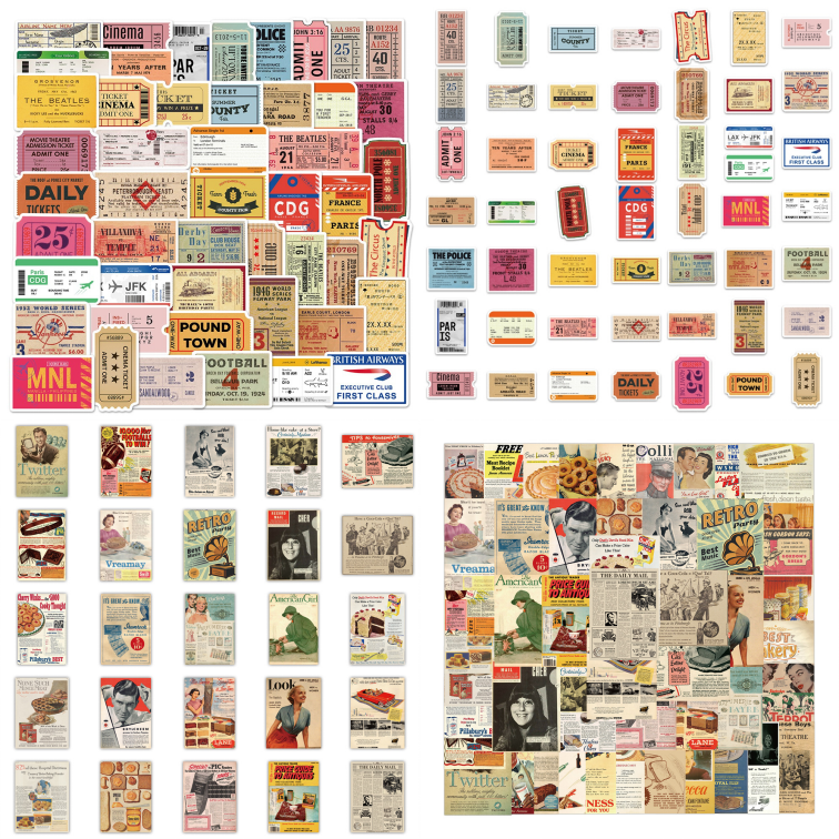 100pcs Vintage Retro Posters Tickets Stickers