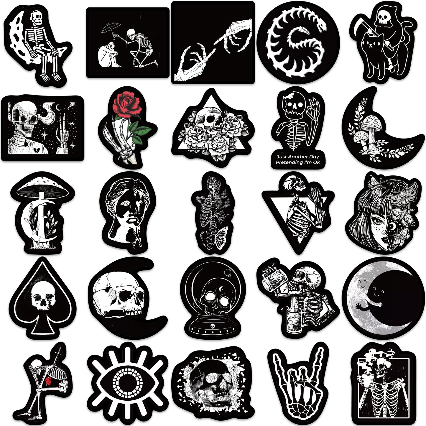 50pcs Gothic Black & White Style Horror Halloween Skull Stickers