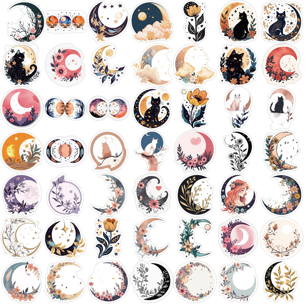 50pcs Moon Flowers and Cat Bohemian Style Stickers
