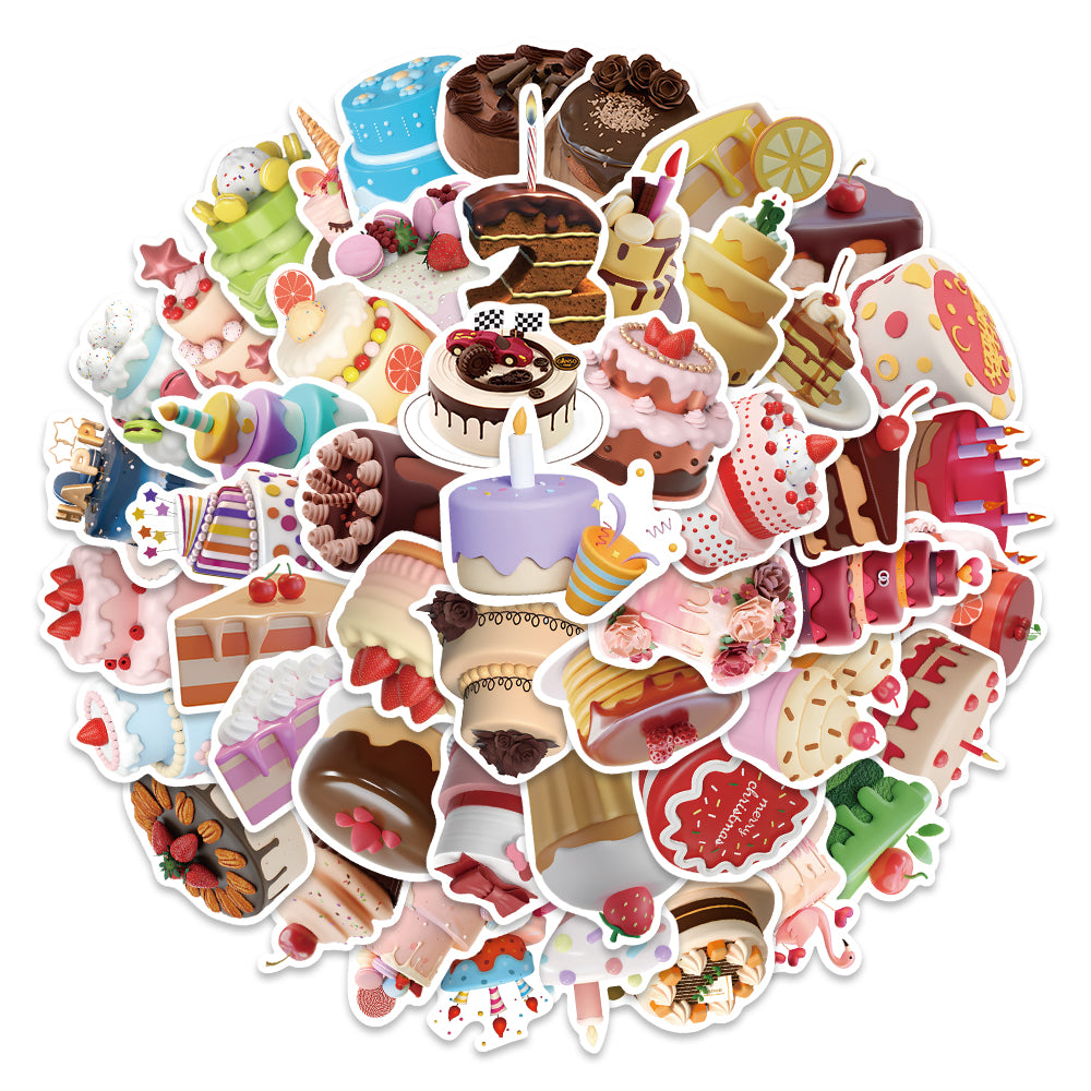 50pcs 3D Birthday Cake Stickers Happy Birthday Dessert