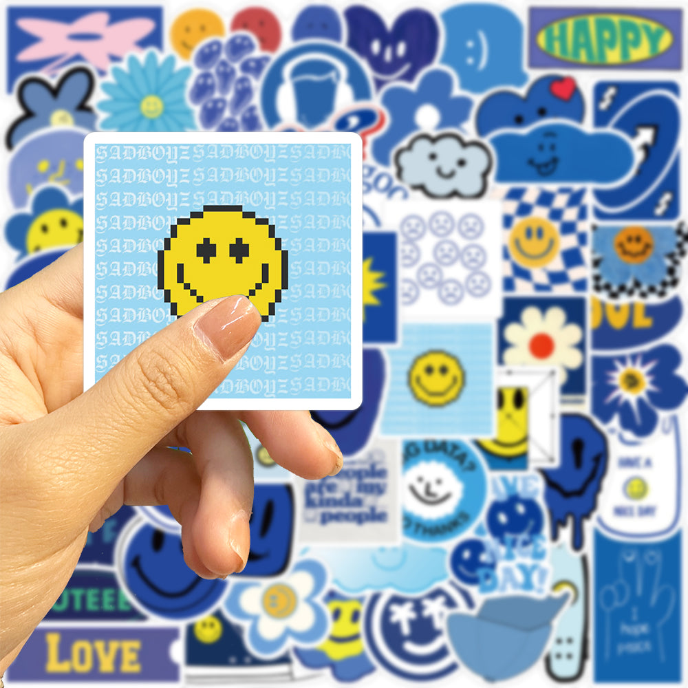 59pcs Blue Theme Smile Face Cartoon Stickers