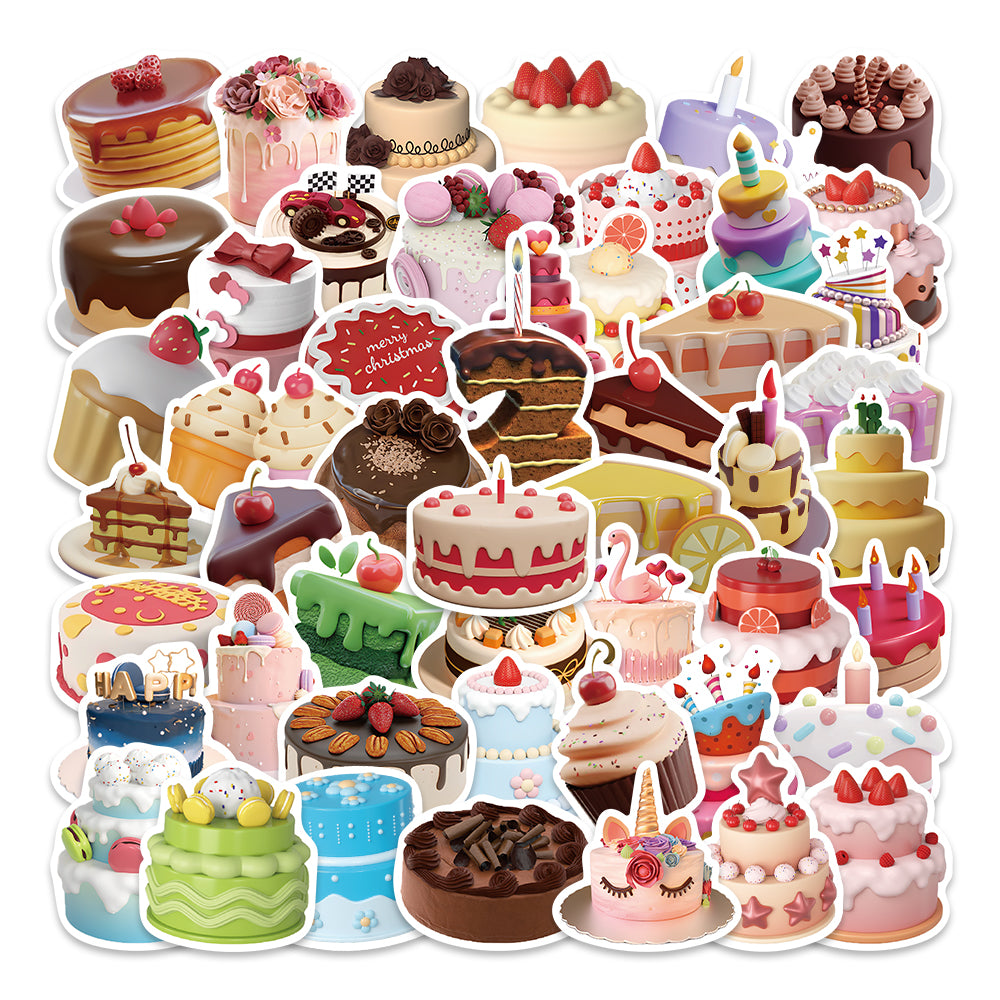 50pcs 3D Birthday Cake Stickers Happy Birthday Dessert