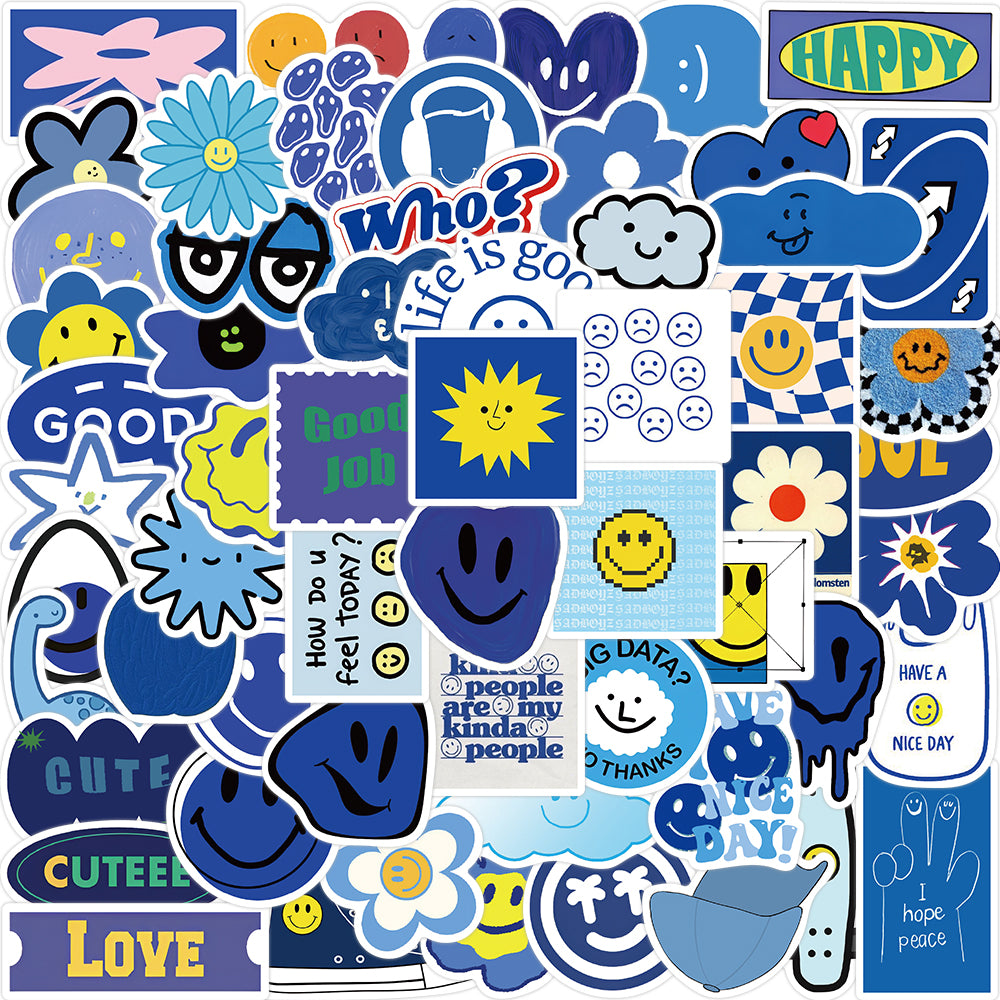 59pcs Blue Theme Smile Face Cartoon Stickers