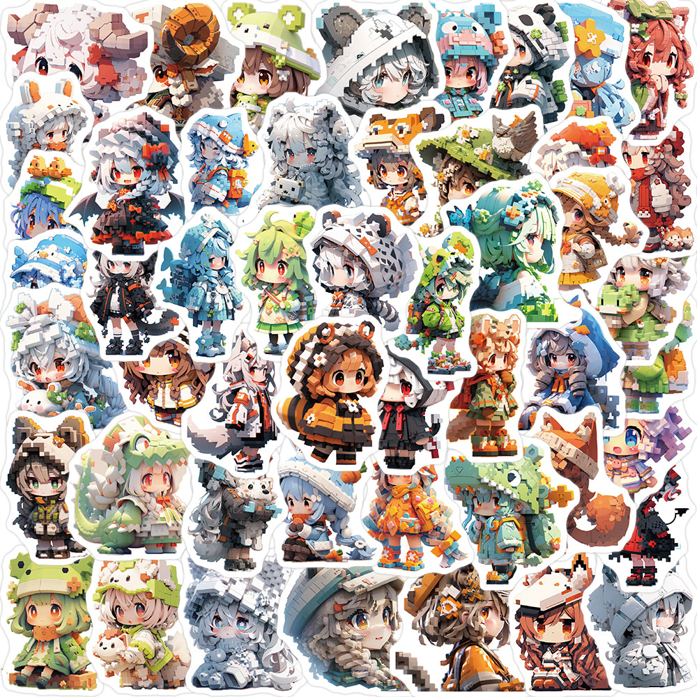 50pcs Pixel Cute Animal Anime Cartoon Girl Stickers