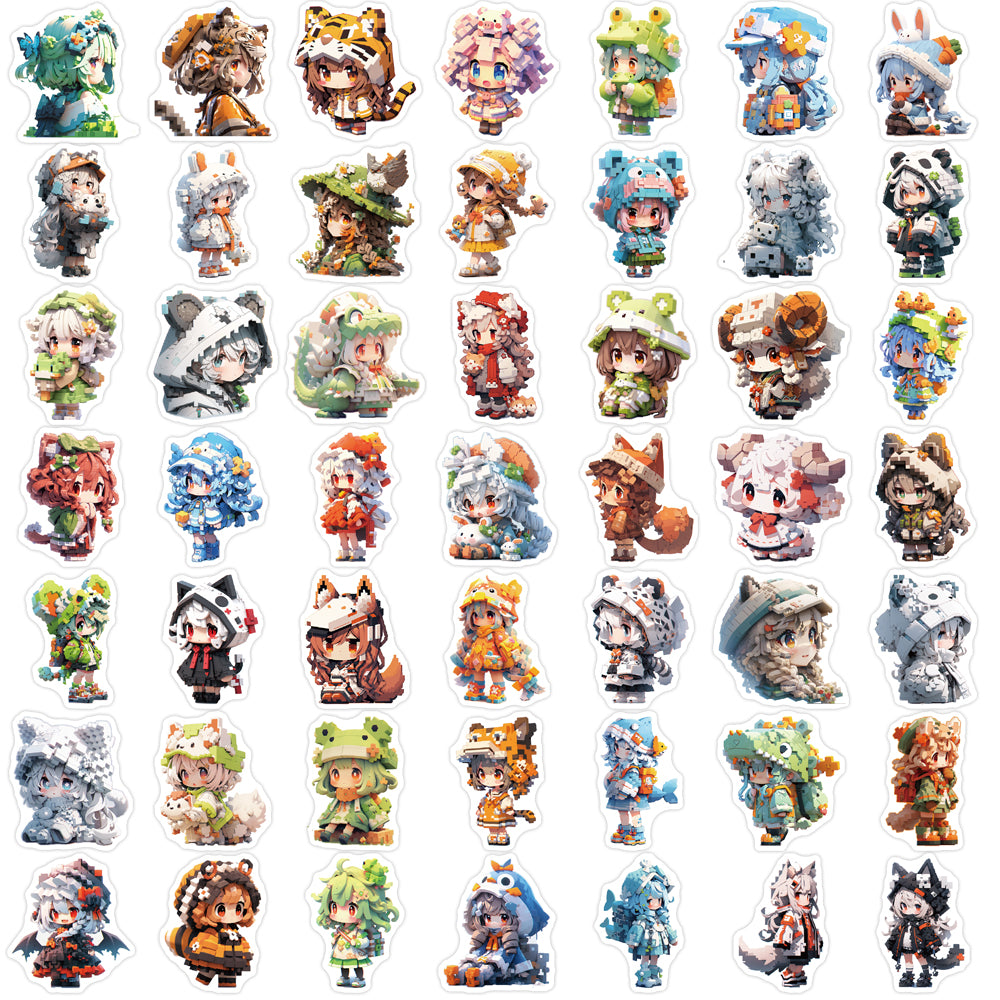 50pcs Pixel Cute Animal Anime Cartoon Girl Stickers