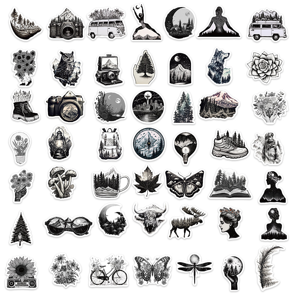 60pcs Black & White Nature Illustration Stickers