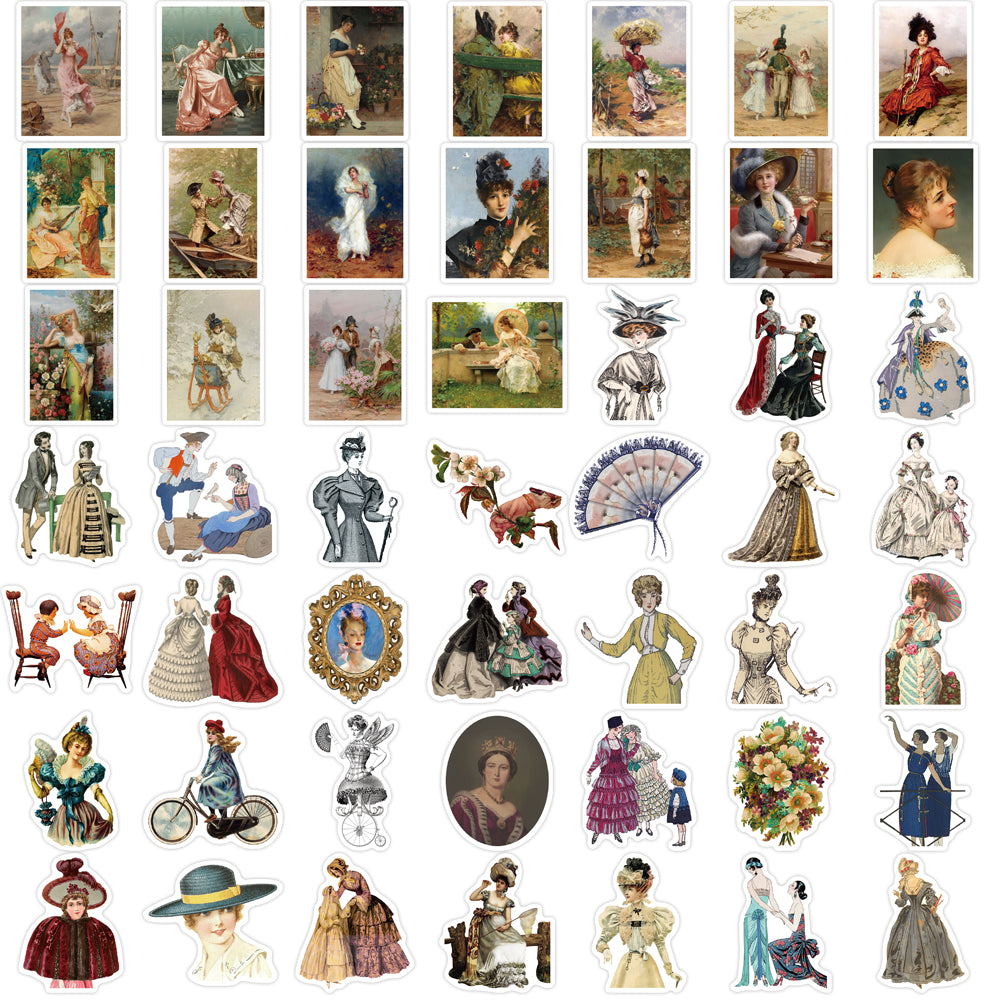 52pcs Victorian Vintage Style Stickers Retro Oil Painting