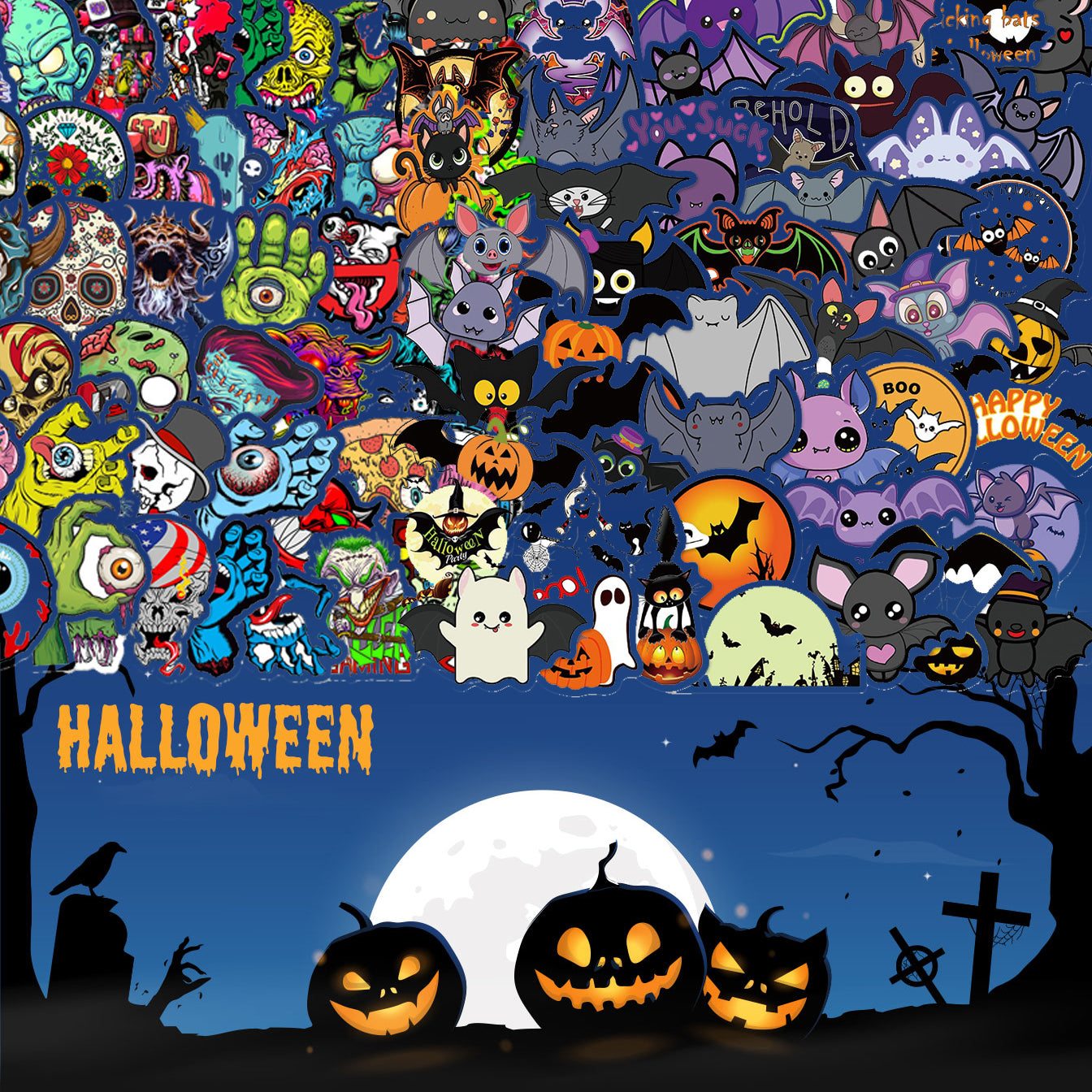 Halloween Festival Holiday Pumpkin Bat Terror Horror Skull Stickers