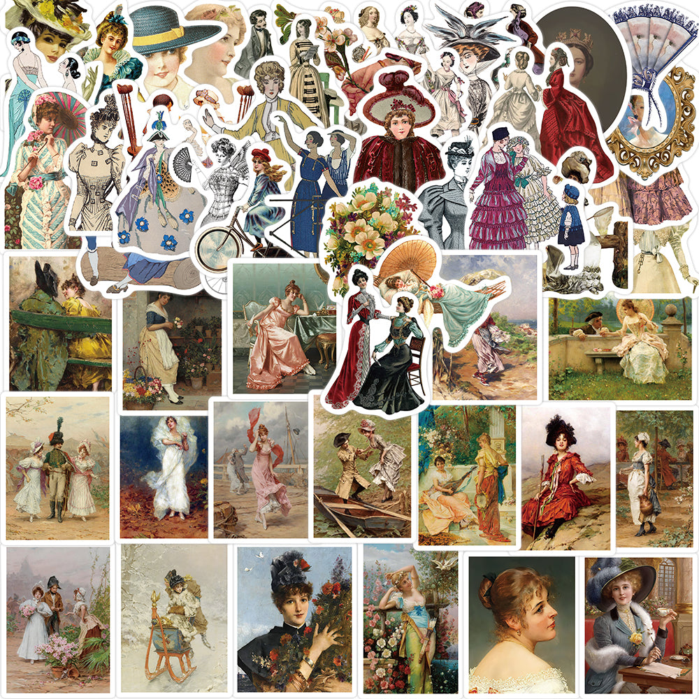 52pcs Victorian Vintage Style Stickers Retro Oil Painting