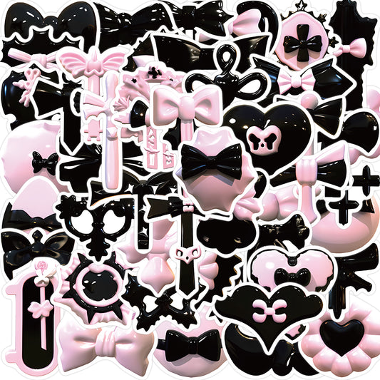 50pcs Pink & Black 3D Shiny Bow Ties Stickers