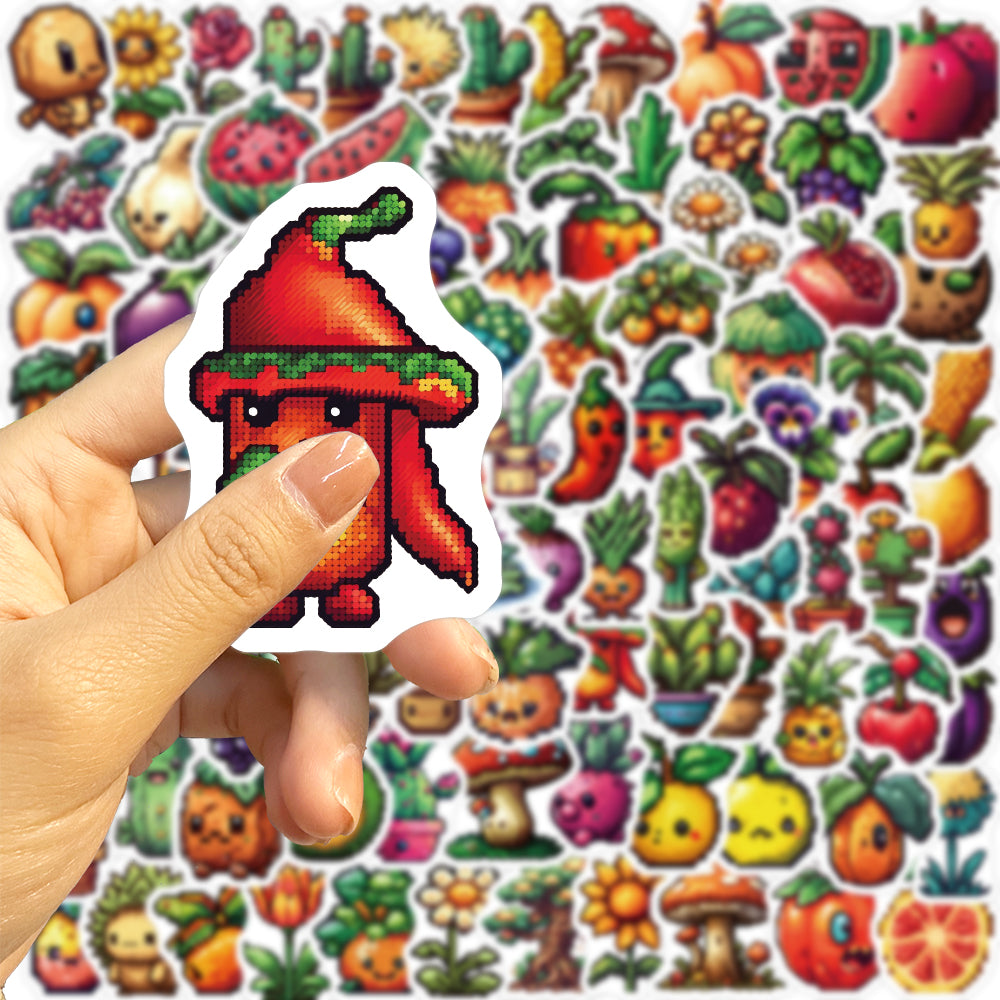 100pcs Art Pixel Style Fruits and Vegetables Stickers