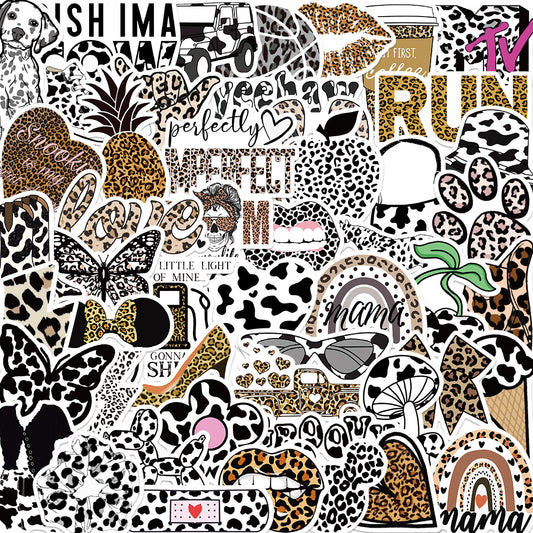 50pcs Black & White Leopard Print Stickers Croovy Hat Cow