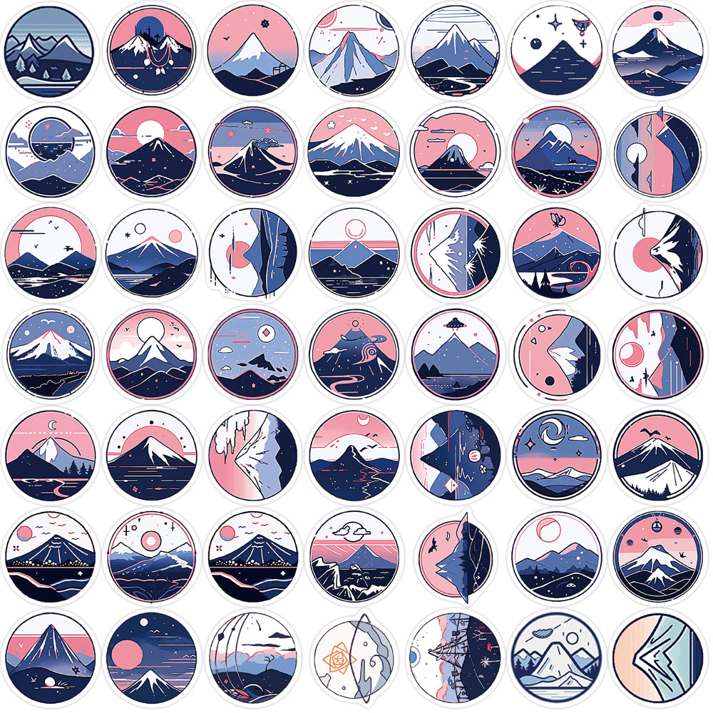 52pcs Fuji Mountain Pink Blue Stickers