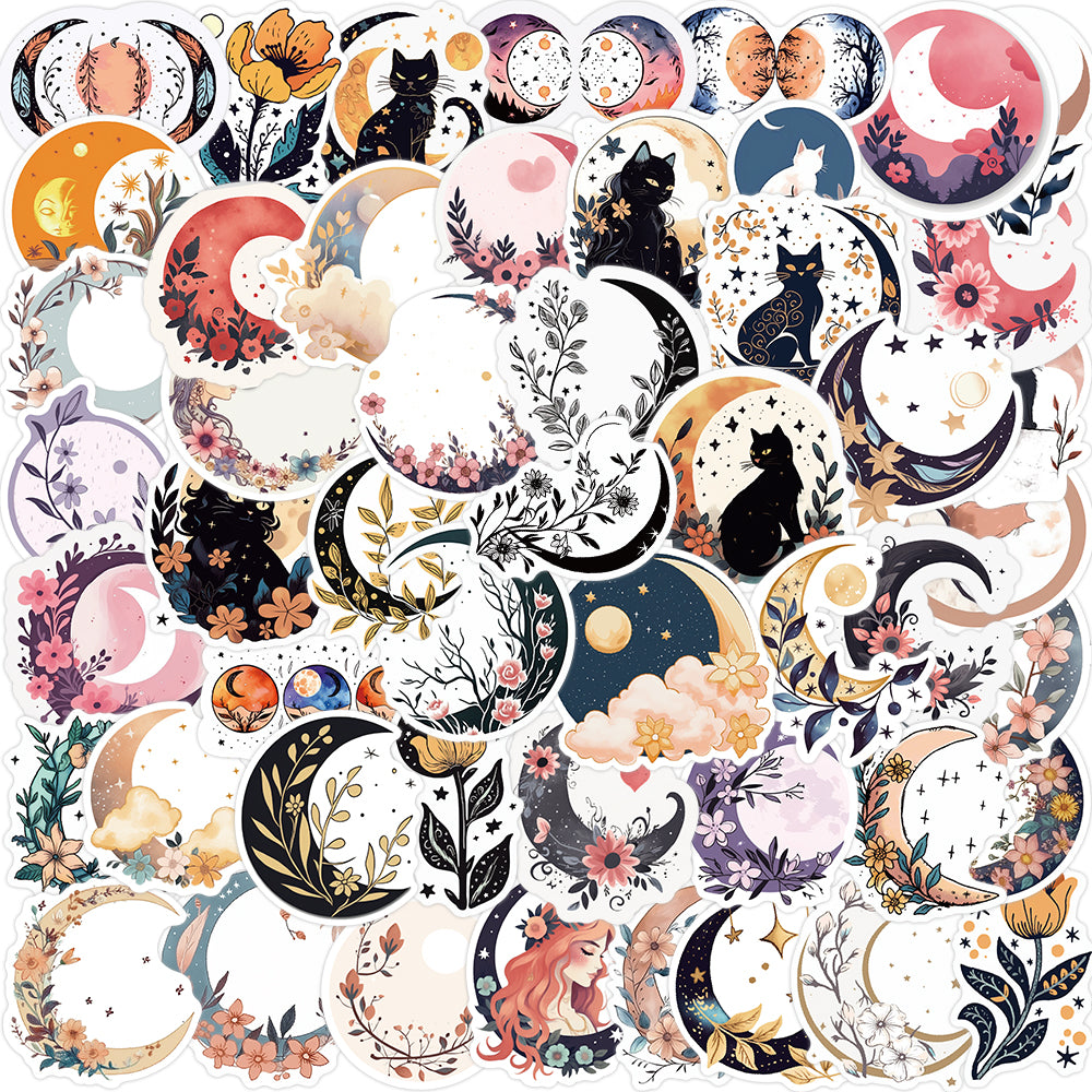 50pcs Moon Flowers and Cat Bohemian Style Stickers