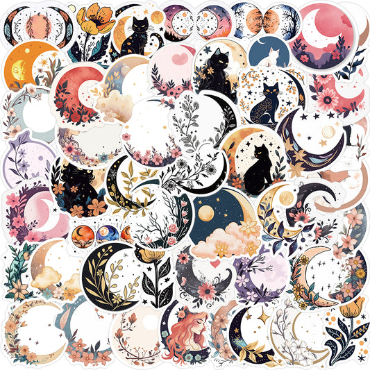 50pcs Moon Flowers and Cat Bohemian Style Stickers